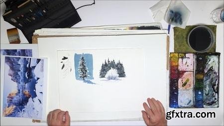 Watercolor Paint Realistic Snowy Trees & Bushes