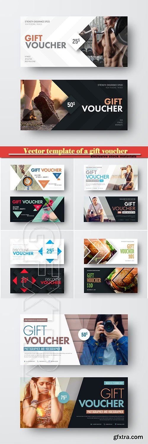 Vector template of a gift voucher with diagonal lines and a place for a photo