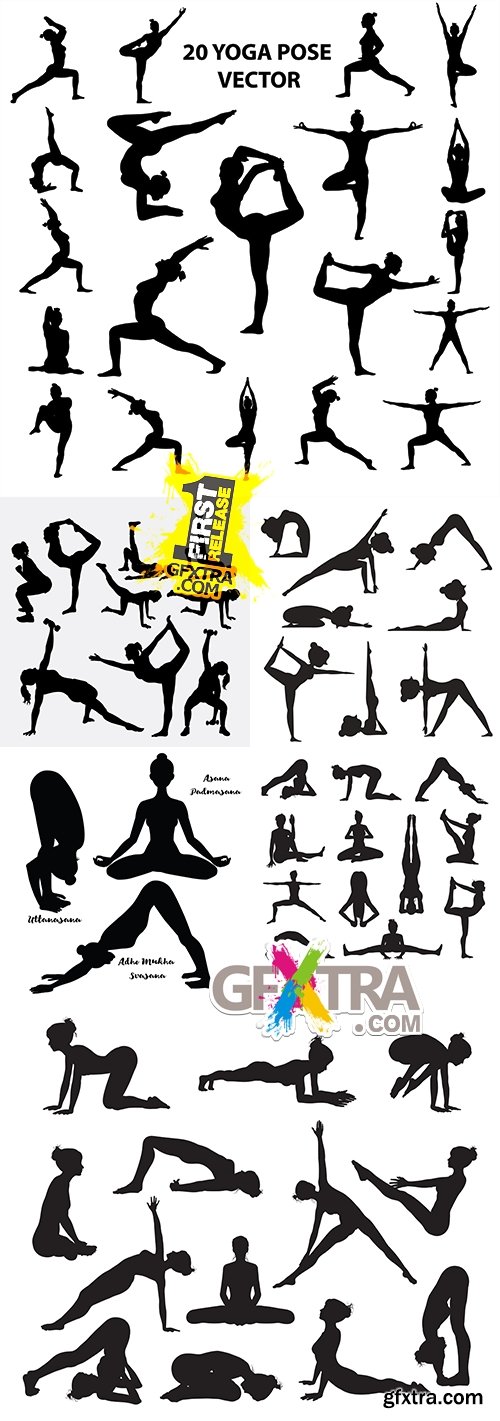 Yoga poses meditation black silhouette illustration