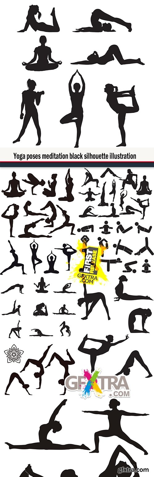 Yoga poses meditation black silhouette illustration