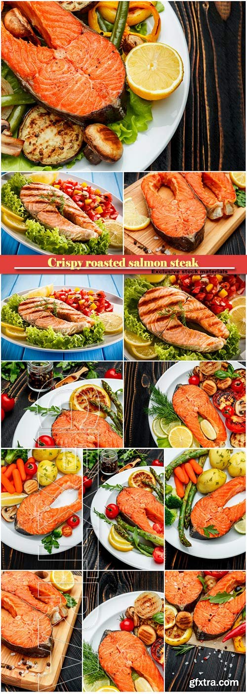 Crispy roasted salmon steak with vegetables