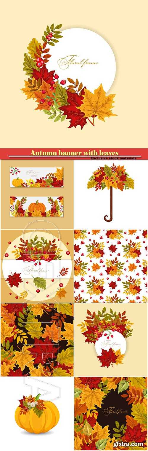 Autumn banner with leaves and  berries, vector colorful background for greeting card