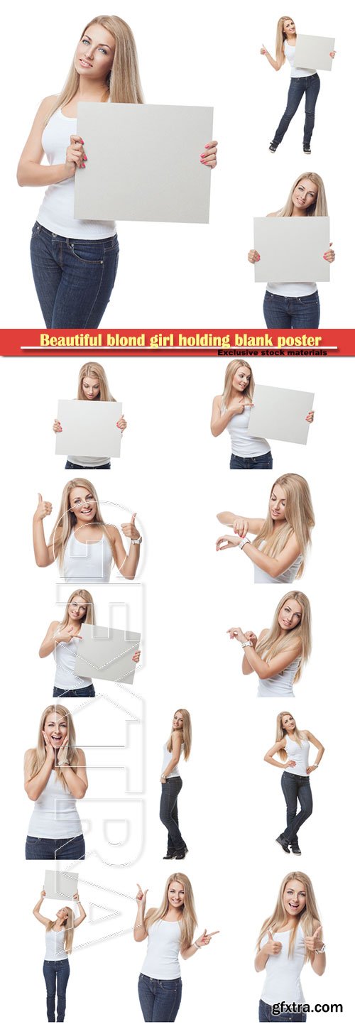 Beautiful blond girl holding blank poster