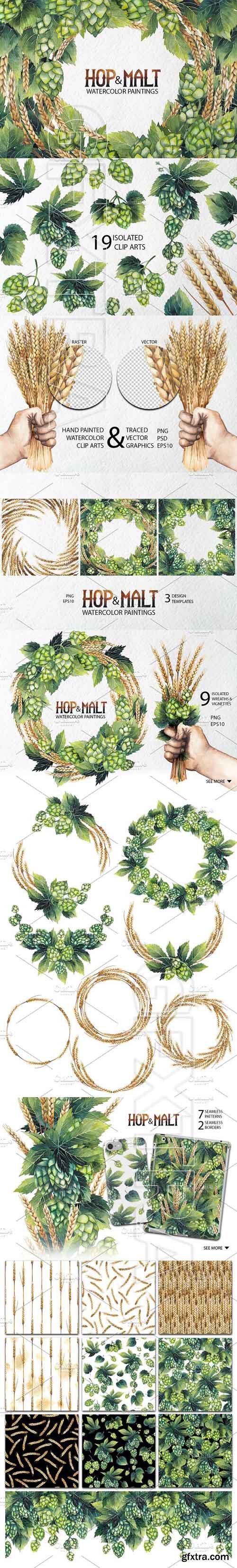 CreativeMarket - Watercolor hop and malt 1840285