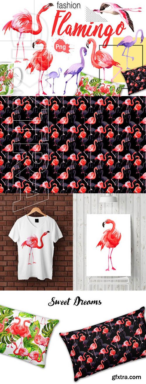 CreativeMarket - Flamingo fashion watercolor PNG set 1846996