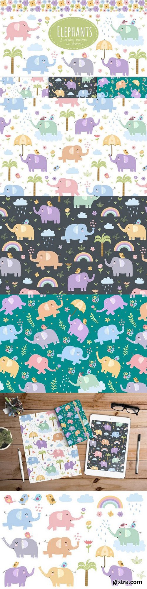 CM - Elephants: seamless patterns&clipart 985196