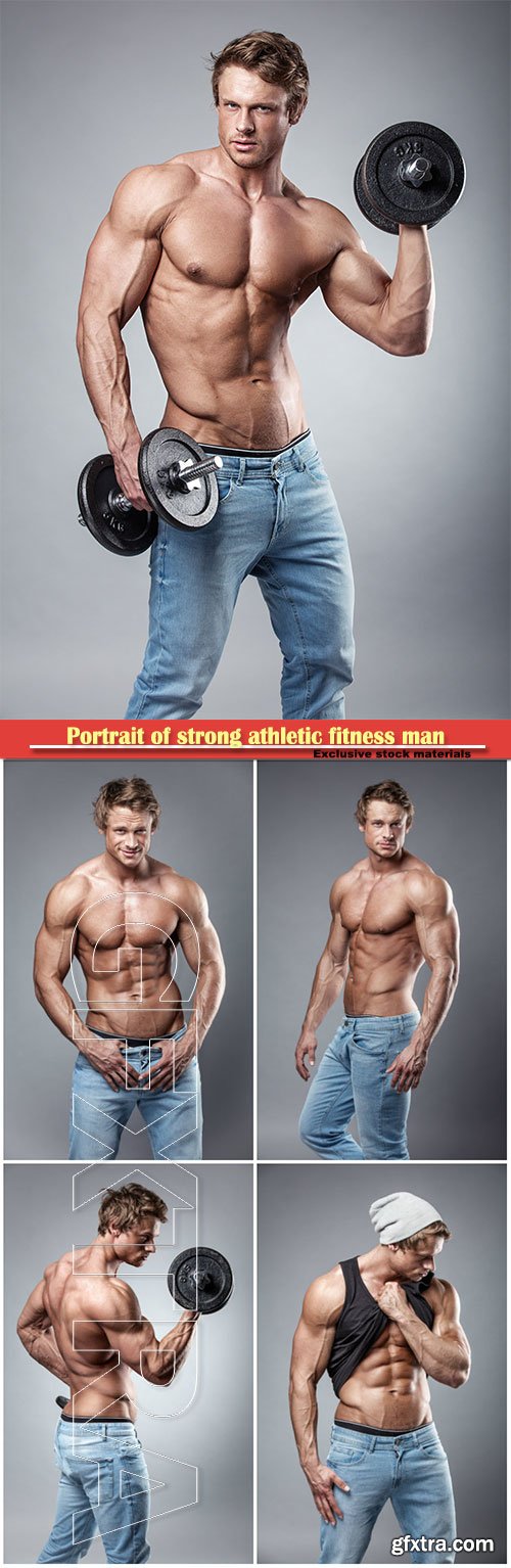 Portrait of strong athletic fitness man  over grey background