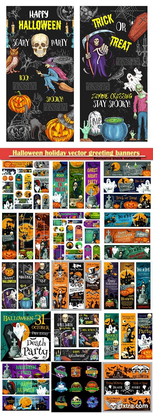 Halloween holiday vector greeting banners of pumpkin lantern and spooky ghost, zombie skull, witch or black cat