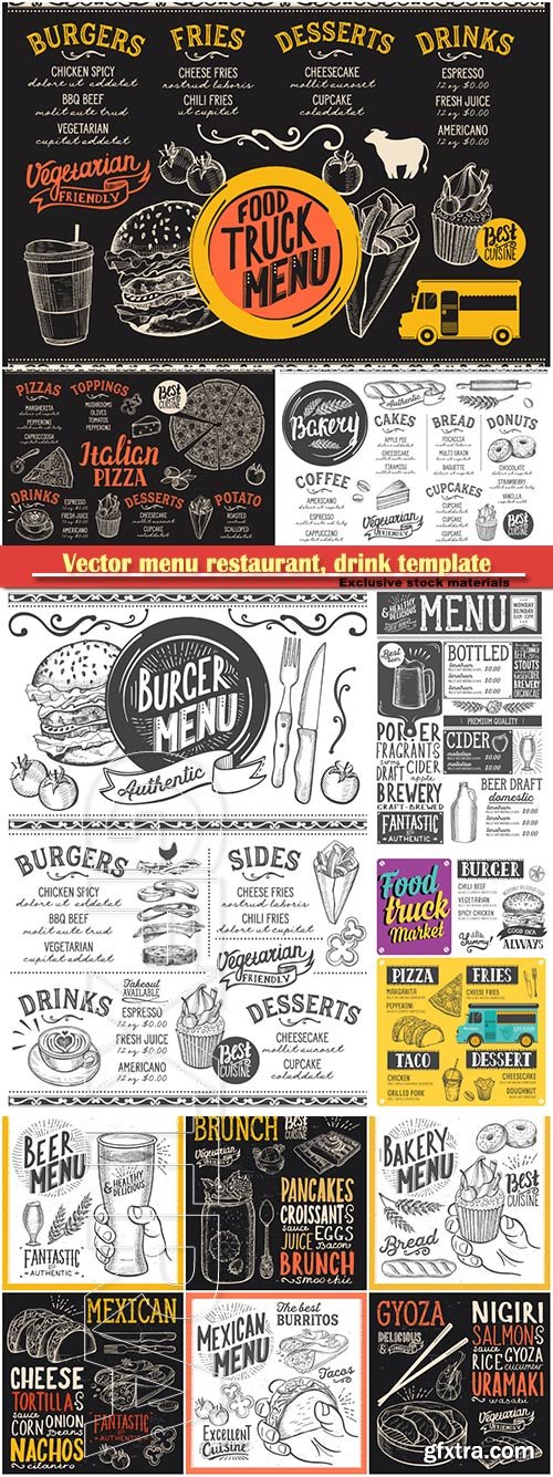 Vector menu restaurant, drink template, food illustrations