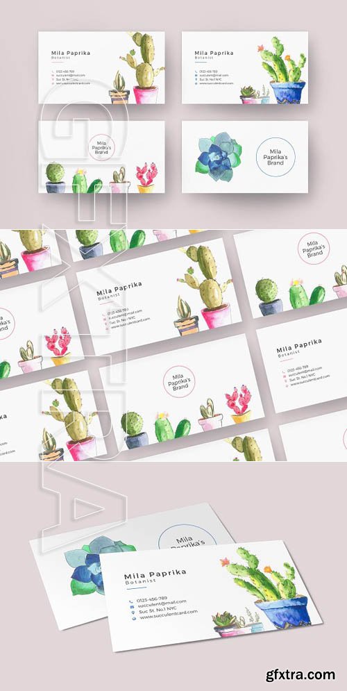 CreativeMarket - Watercolor Succulent Business Card 1848258