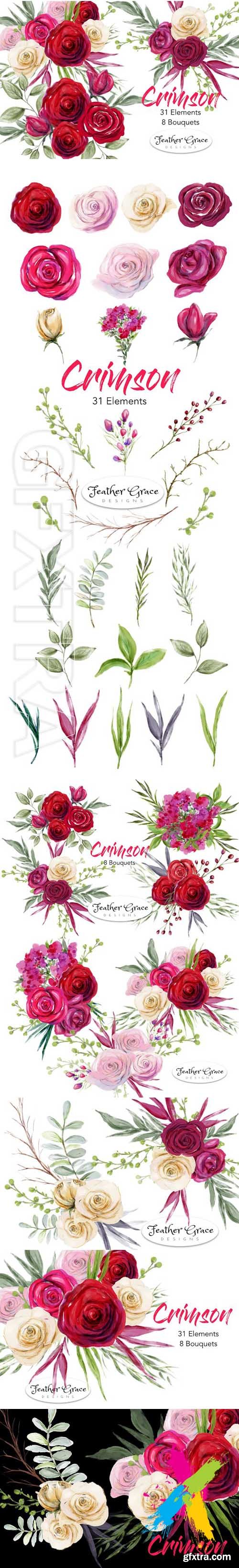 CreativeMarket - Red White Pink Flowers Watercolor 1864012