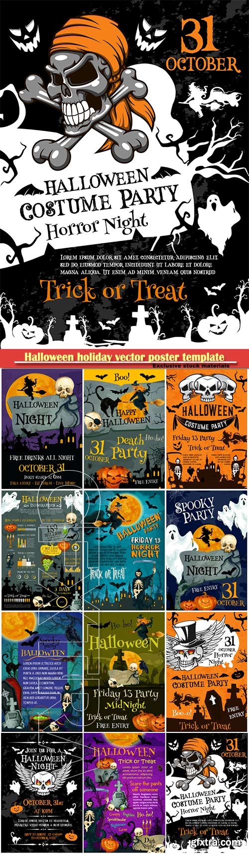 Halloween holiday vector poster template, scary pumpkin lantern and bat, spooky skeleton skull and death scythe, black cat and spider web on cemetery grave banner for october holiday design