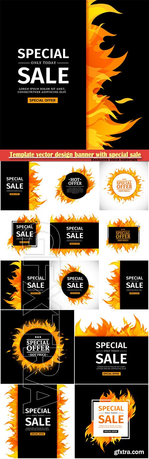 Template vector design banner with special sale, card for hot offer with frame fire graphic