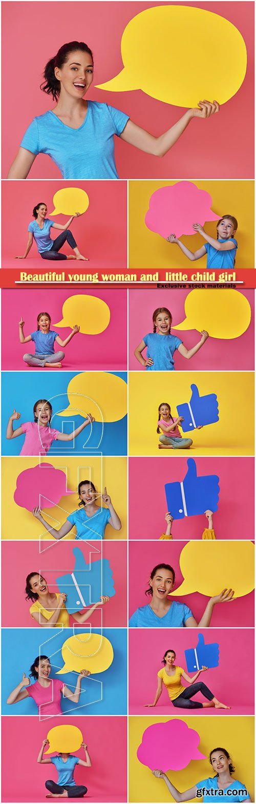 Beautiful young woman and  little child girl with cartoon speech on colorful background