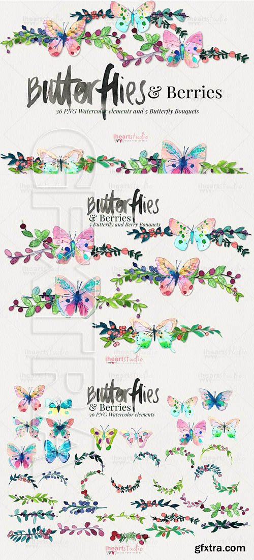 CreativeMarket - Butterflies & Berries Watercolors 1863851