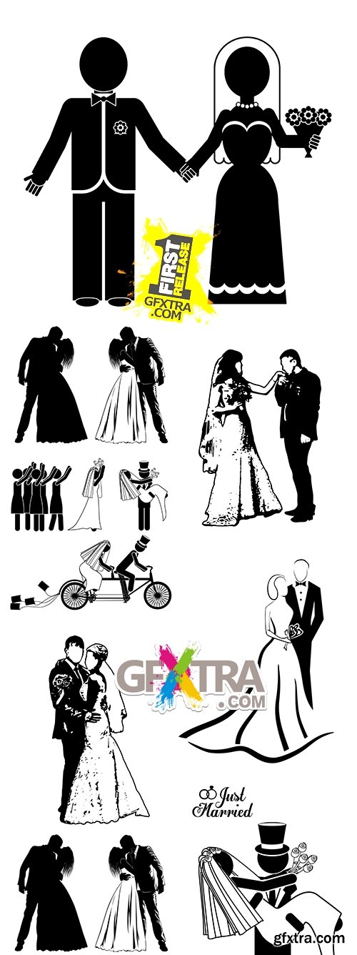 Wedding silhouettes of happy groom and bride