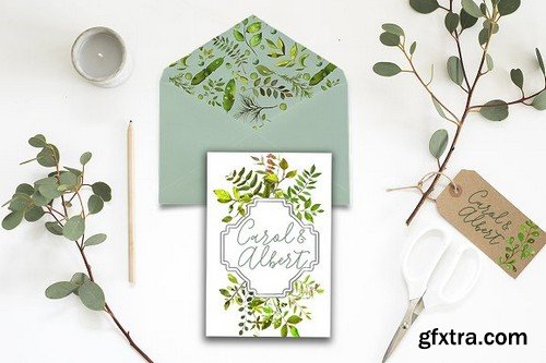 CM - Watercolor Green Leaves Wreaths Set 1285083