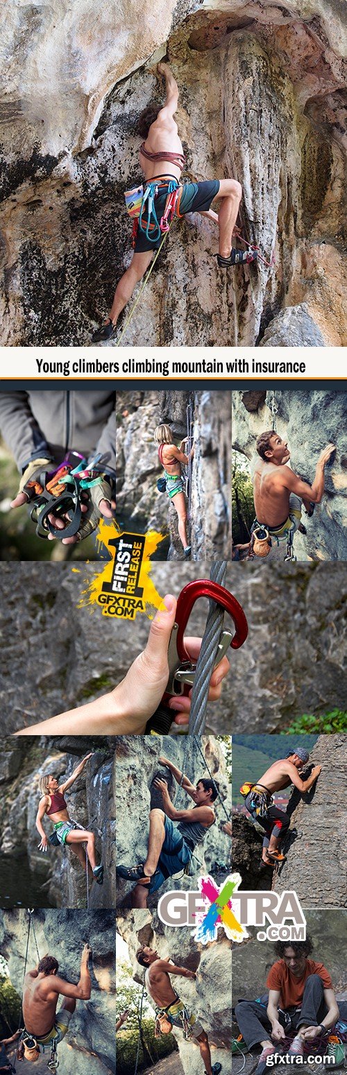 Young climbers climbing mountain with insurance