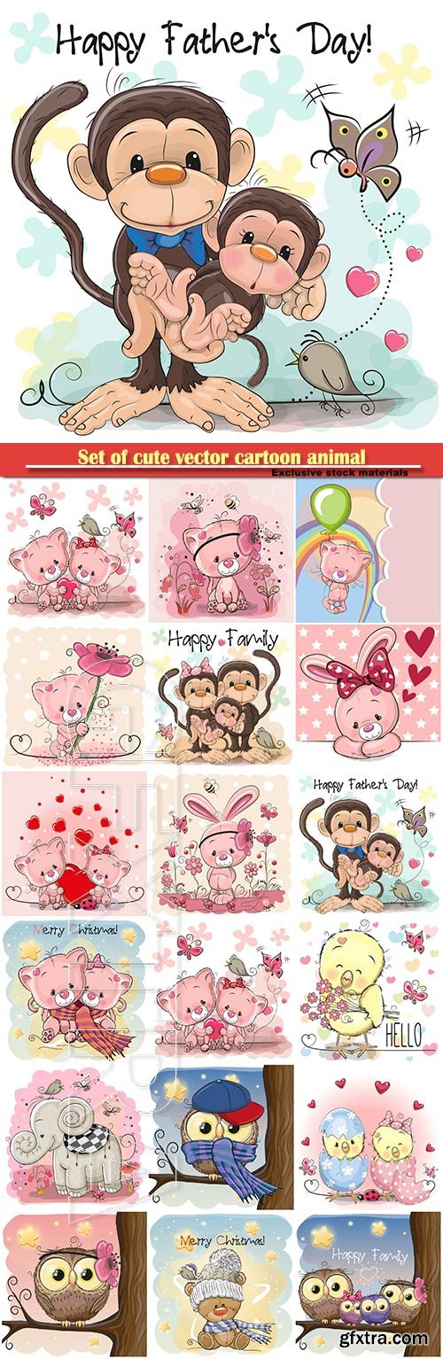 Set of cute vector cartoon animal, monkeys, chicken, kitten, bunny