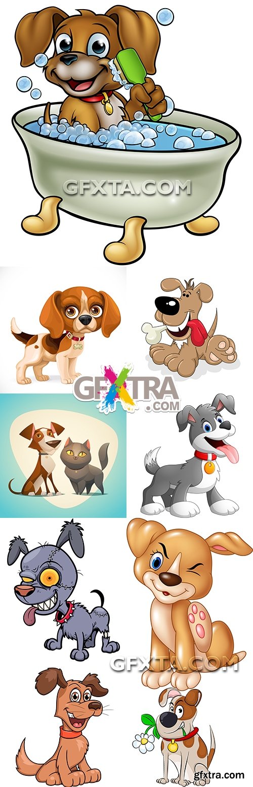 Dogs and little puppies cartoon amusing illustrations