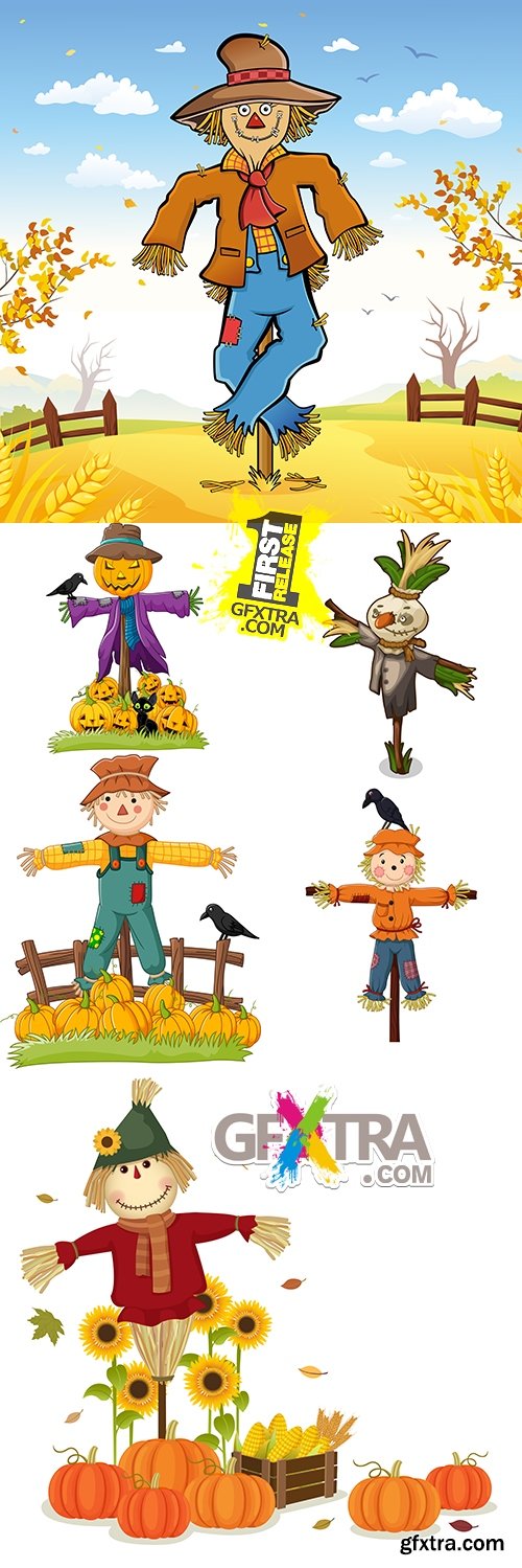 Autumn kitchen garden cartoon scarecrow and pumpkins