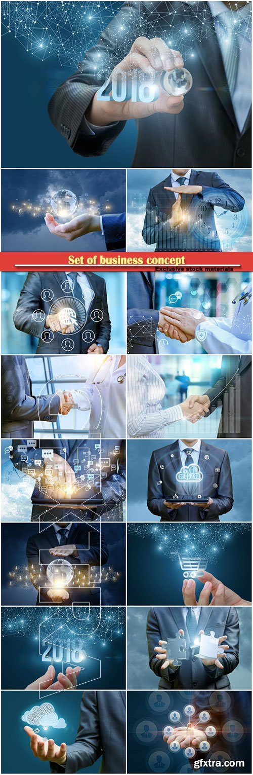 Set of business concept, handshake on the background of profit growth, hand with holding a globe on a background 2018, network users, businessman chatting on tablet