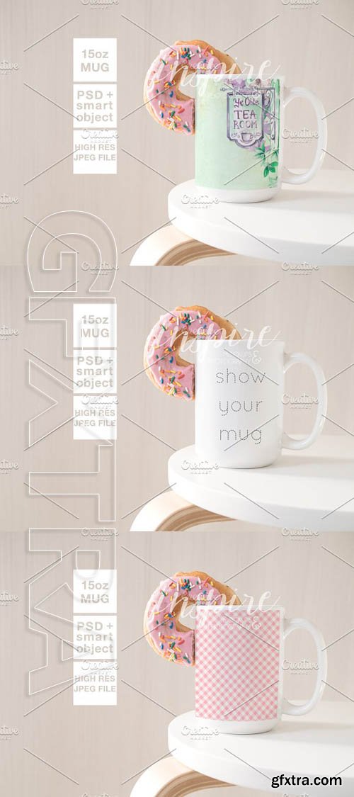 CreativeMarket - 15oz Ceramic Mug Mockup + Donut PSD 1863625