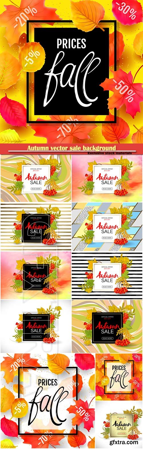 Autumn vector sale background with colorful autumn leaves and a rowan on marble backdrop