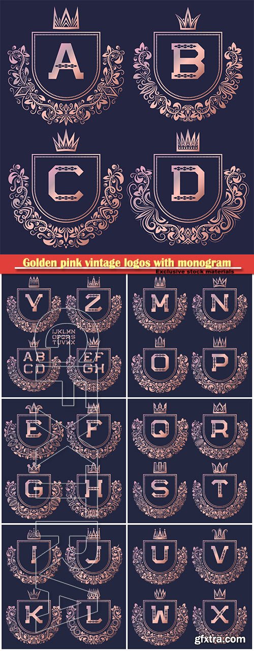 Golden pink vintage logos with  monogram, gold coat of arms set in baroque style