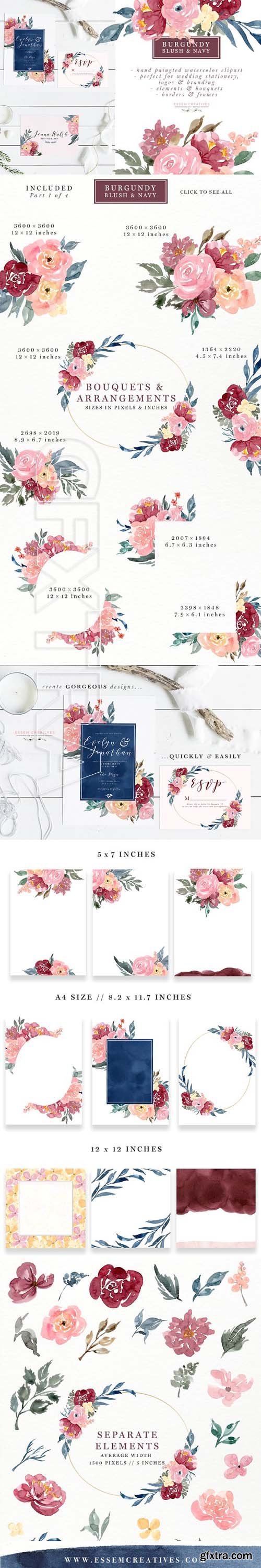 CreativeMarket - Burgundy Blush Navy Flowers Clipart 1755321