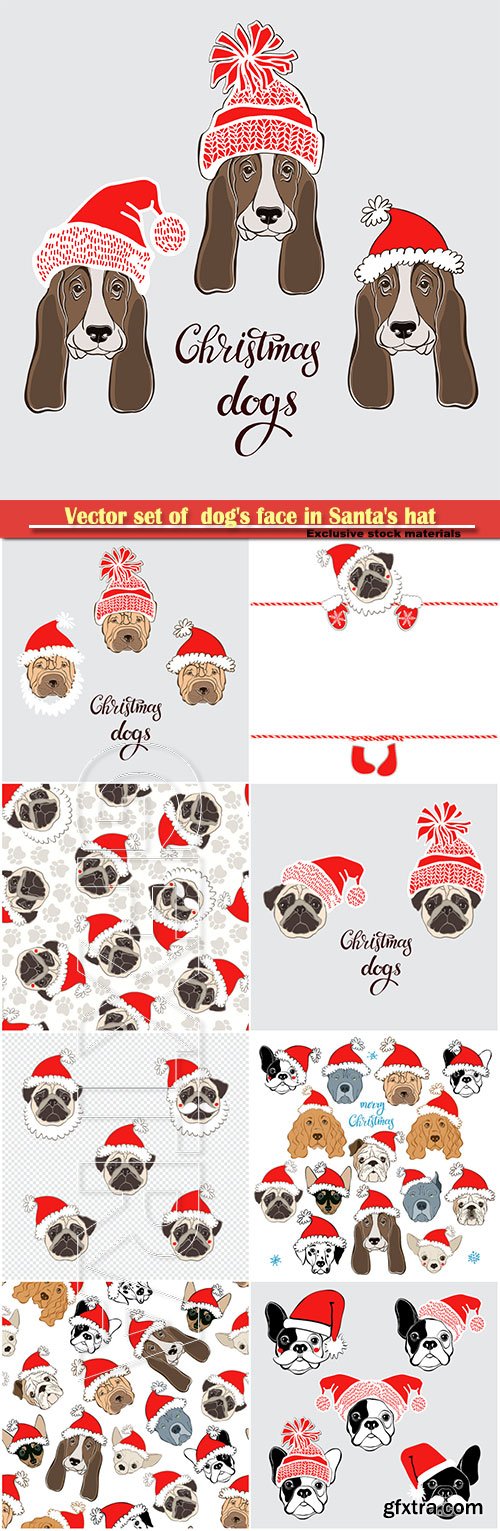 Vector set of  dog\'s face in Santa\'s hat, dog animal symbol of new year 2018