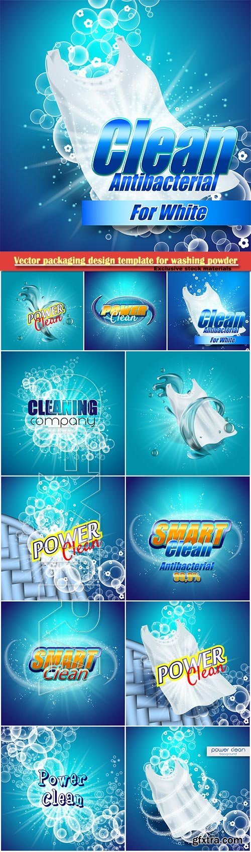 Vector packaging design template for washing powder, super clean, soap bubbles