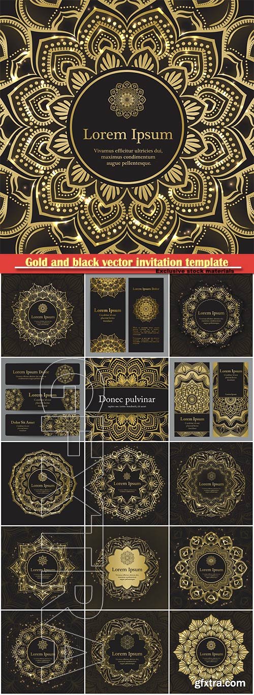 Gold and black vector invitation template, flyer template set with flower mandala in gold color