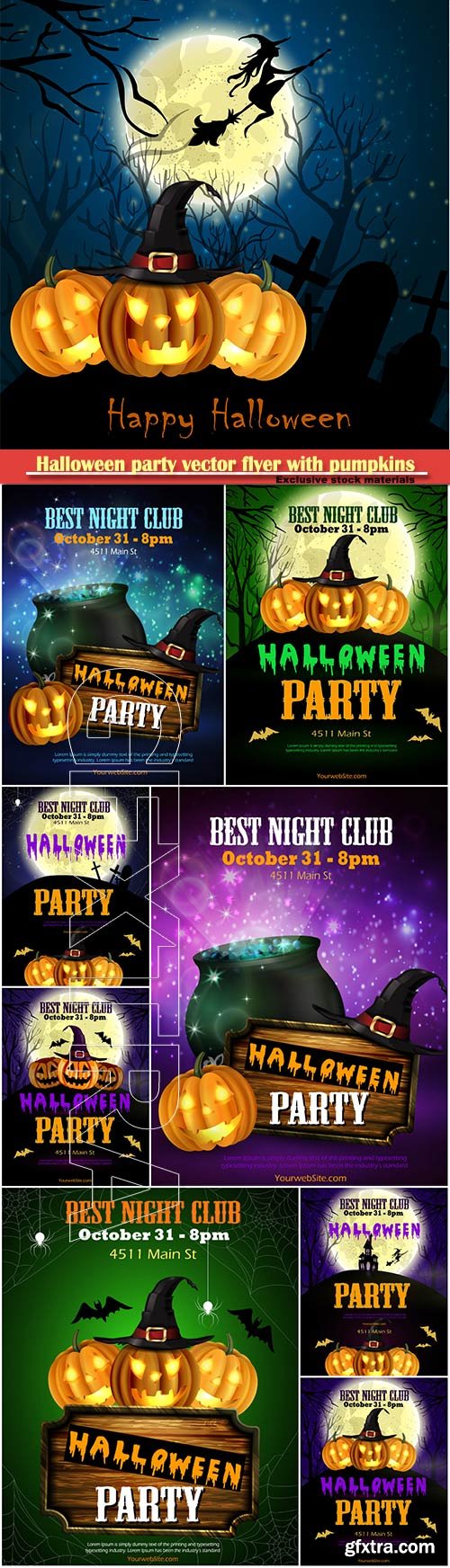 Halloween party vector flyer with pumpkins, hat