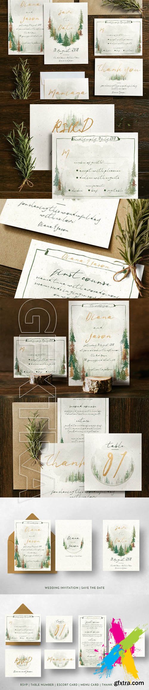 CreativeMarket - Watercolor Forest Wedding Invitation 1904211