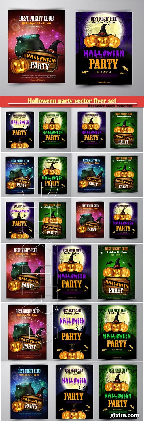 Halloween party vector flyer set with pumpkins, hat, bats witch and cemetery vector