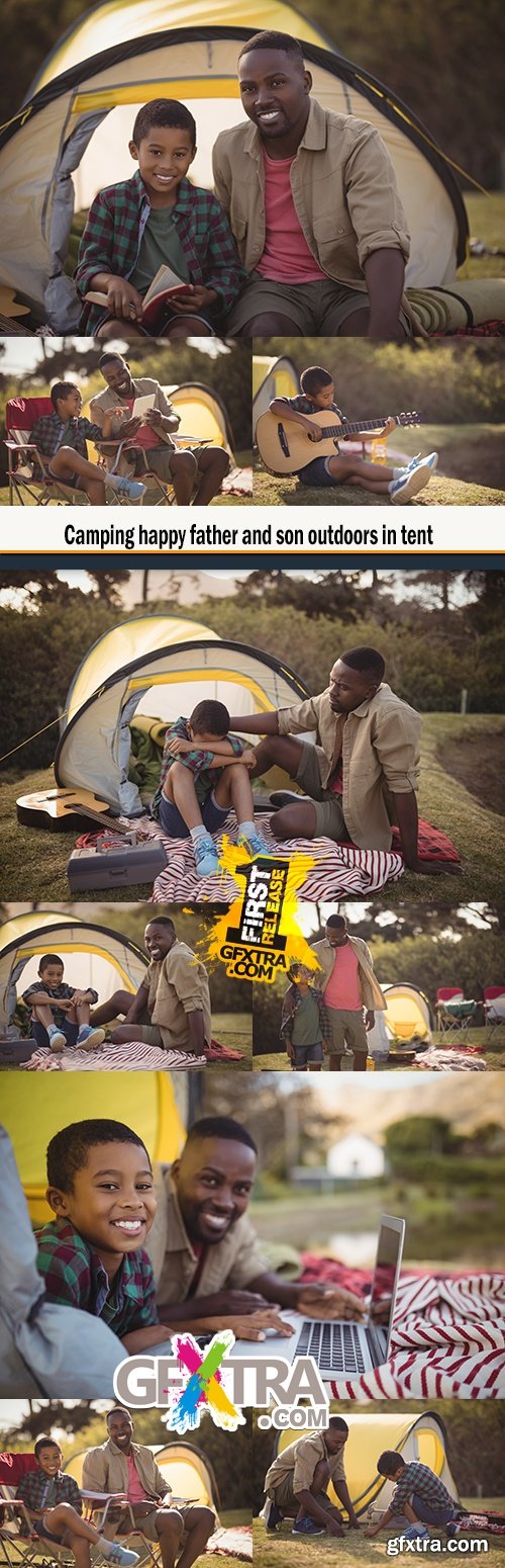 Camping happy father and son outdoors in tent