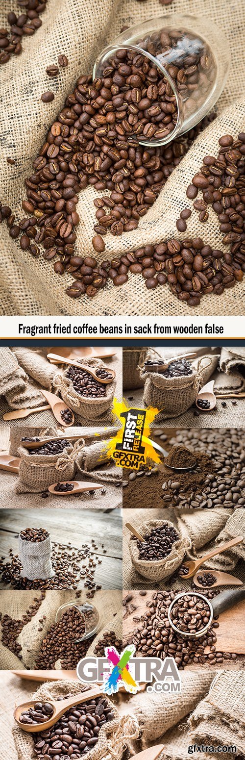 Fragrant fried coffee beans in sack from wooden false