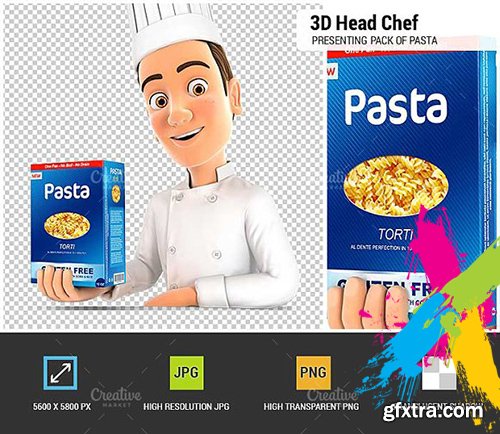 CreativeMarket - 3D Head Chef Presenting Pasta 1903732