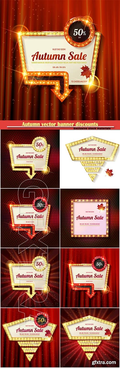 Autumn vector banner discounts, golden vintage frame on the background of the curtain