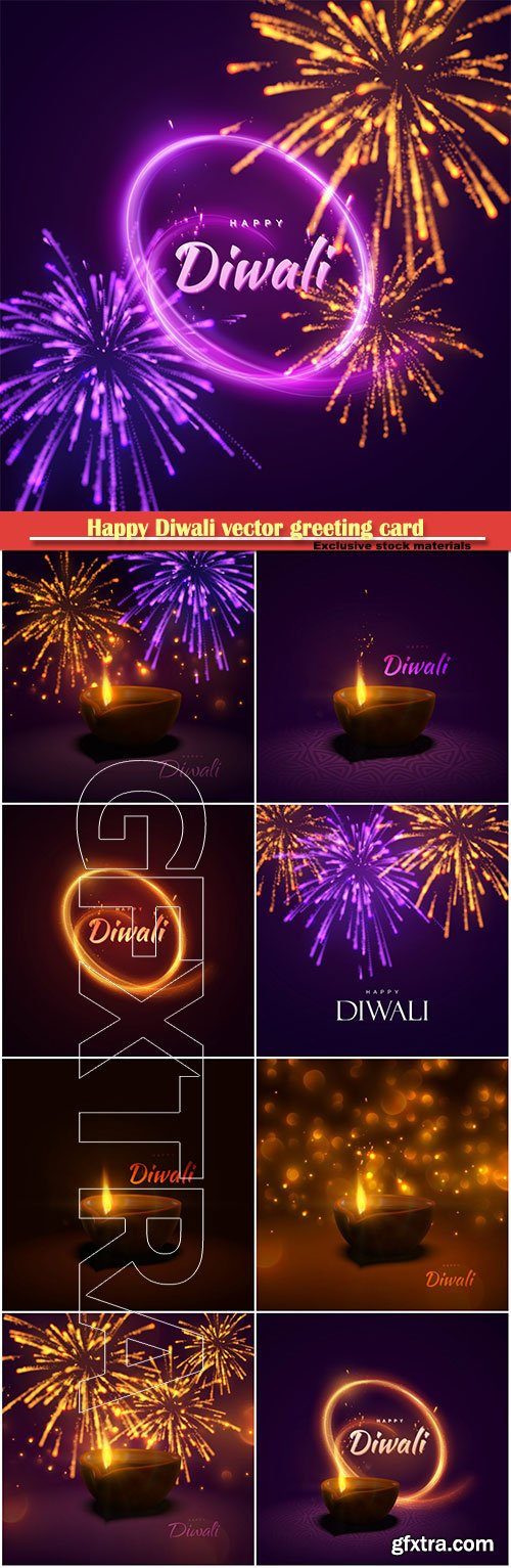 Happy Diwali vector greeting card, indian festival of lights and fire