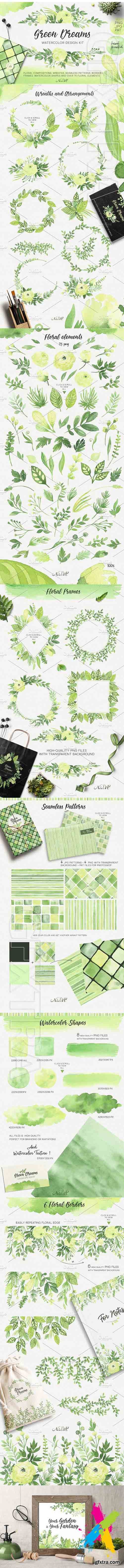 CreativeMarket - Green Dreams Design kit watercolor 1919082