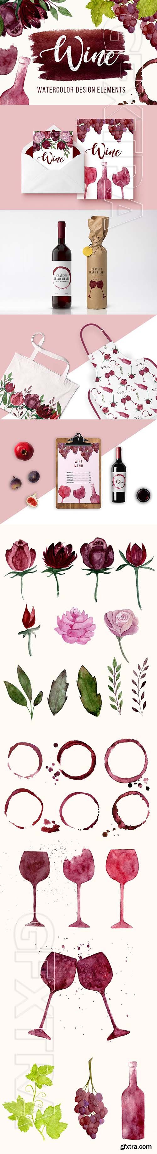 CreativeMarket - Wine watercolor elements + BONUS 1916105