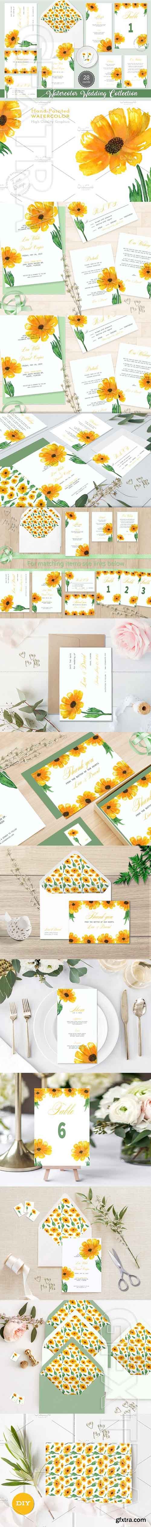 CreativeMarket - Sunflower Watercolor Wedding Suite 1934382