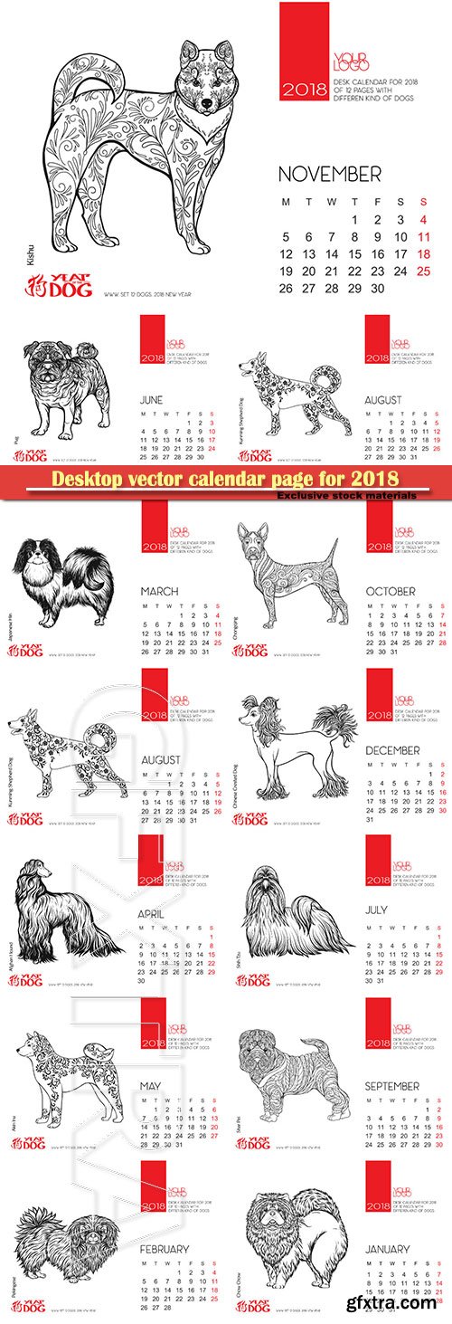 Desktop vector calendar page for 2018 with the image of a dog