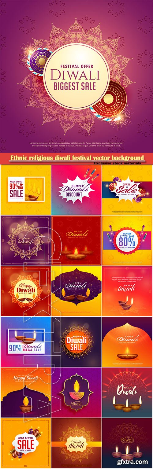 Ethnic religious diwali festival vector background with diya lamp