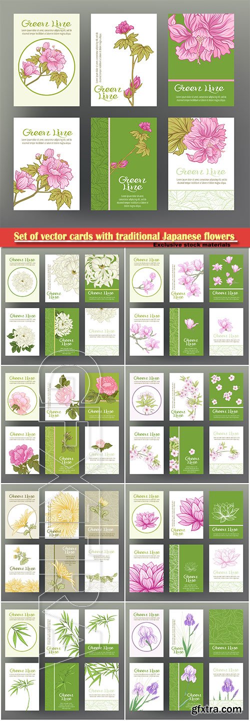 Set of vector cards with traditional Japanese flowers