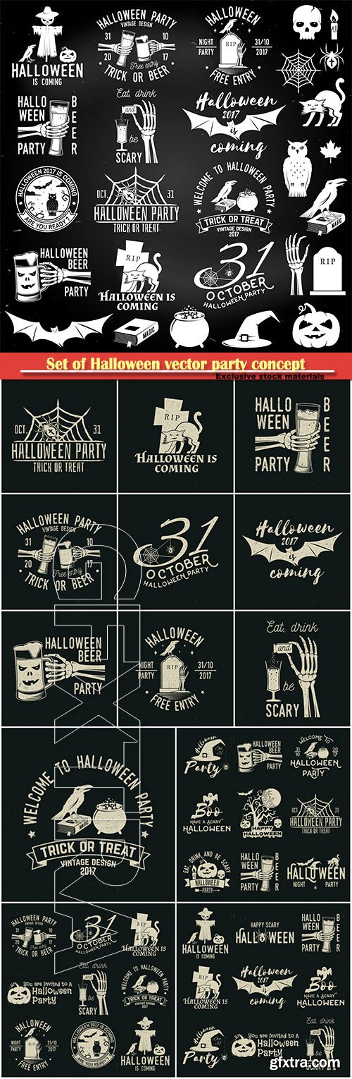 Set of Halloween vector party concept, party retro templates, badges, seals, patches with design elements