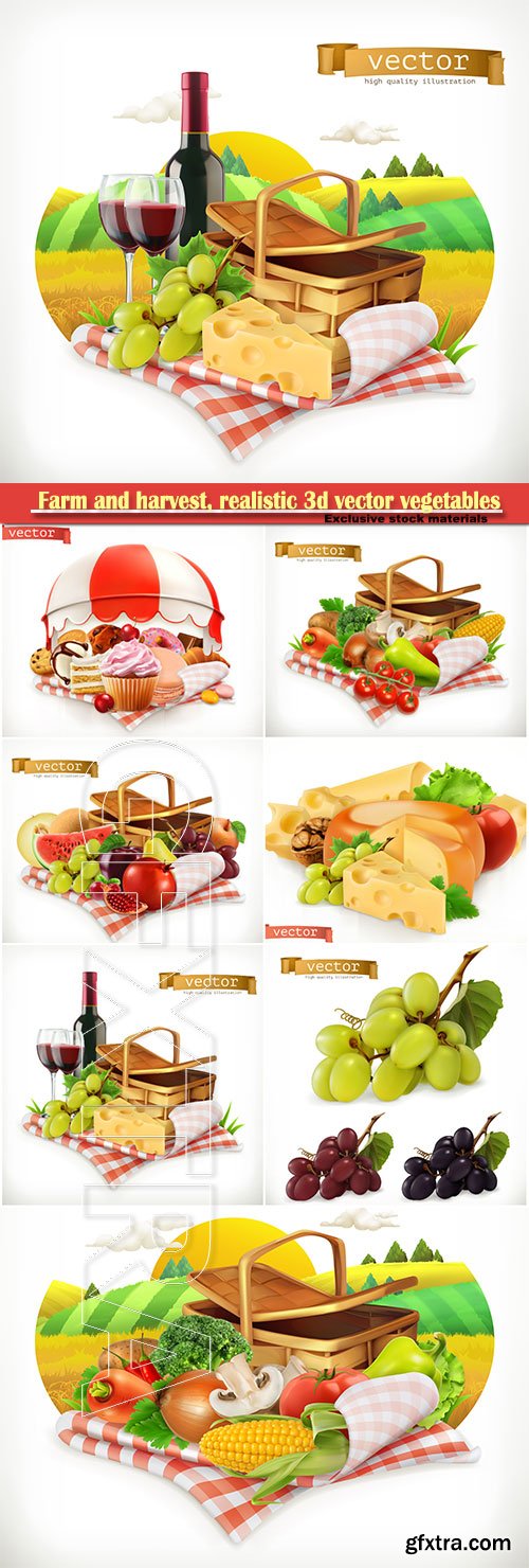 Farm and harvest, realistic 3d vector vegetables, tomato, onion, pepper, carrot and corn