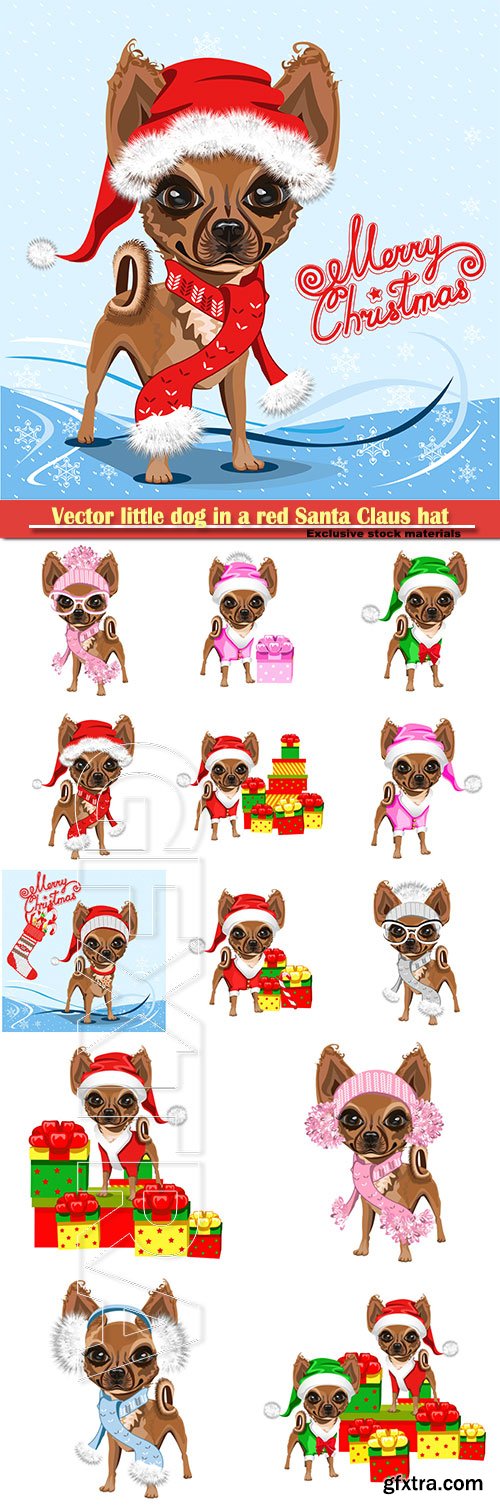 Vector little dog in a red Santa Claus hat